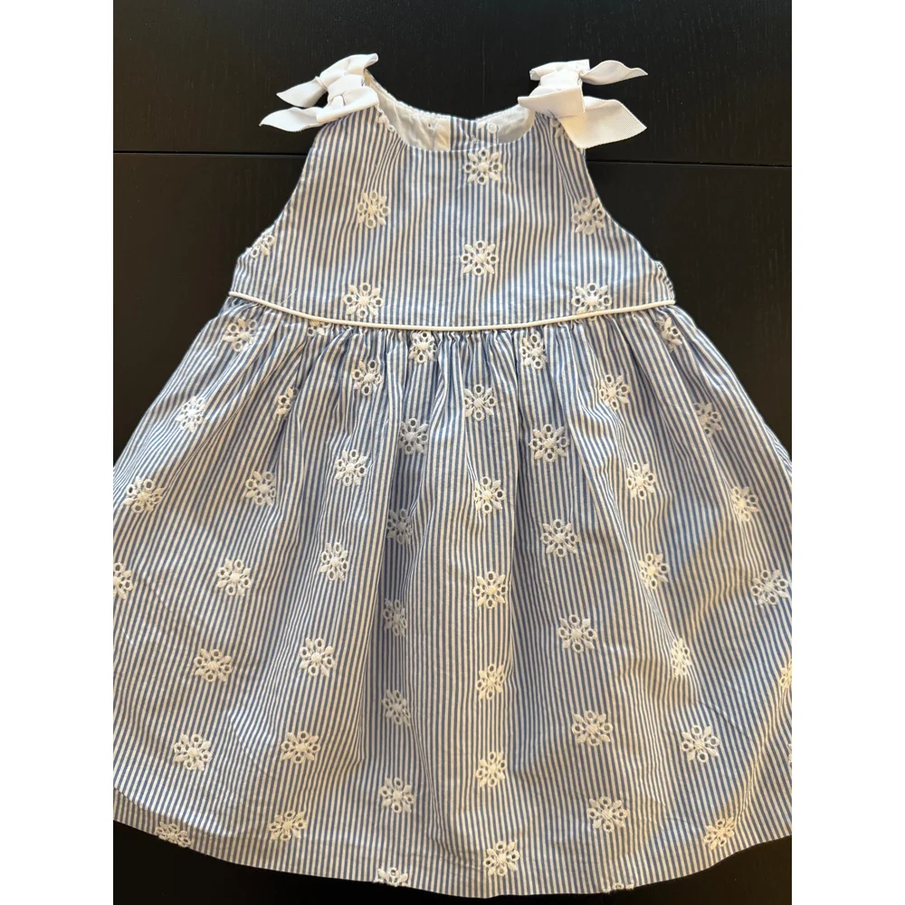 Gymboree Toddler Pinstriped Eyelet Dress Girls 18-24m‎ Blue Lined w/ Bow Accent